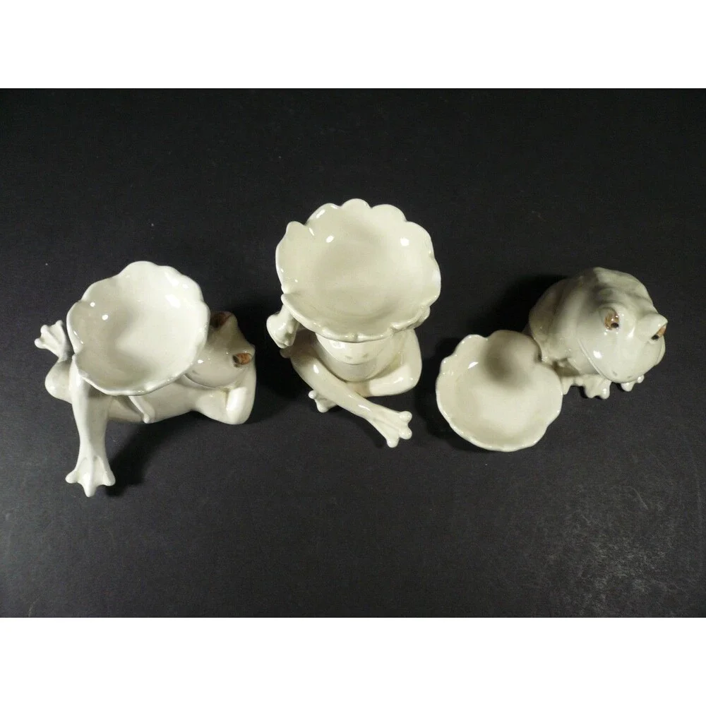 Vtg Set of 3 White Frog with Leaf Bowls Tea Light Candle Holders or Trinket Dish